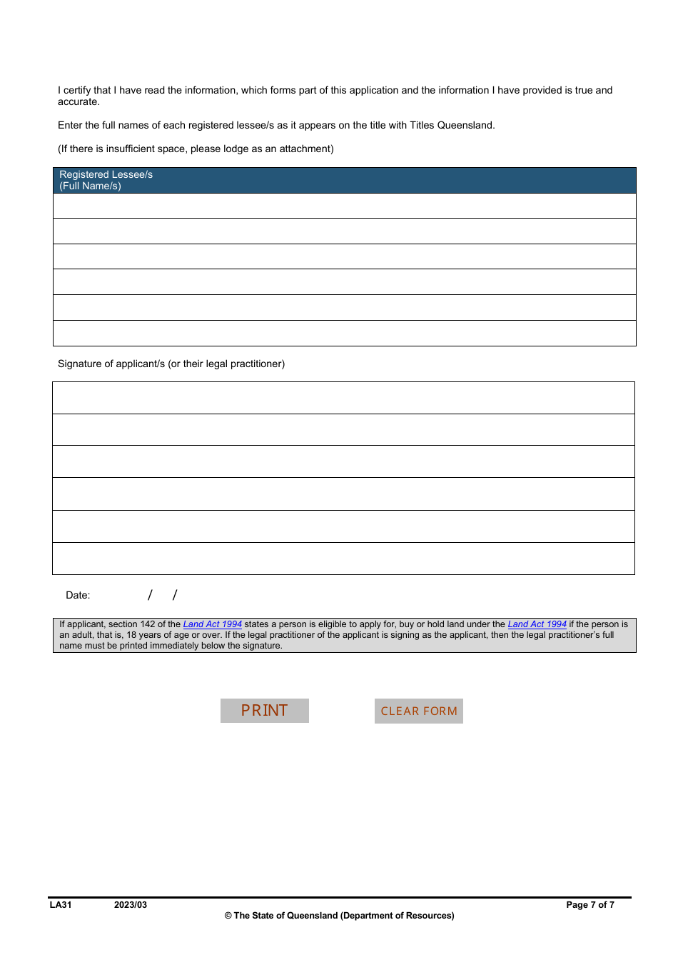 Form LA31 Part B Extension of a Rolling Term Lease Application - Queensland, Australia, Page 7