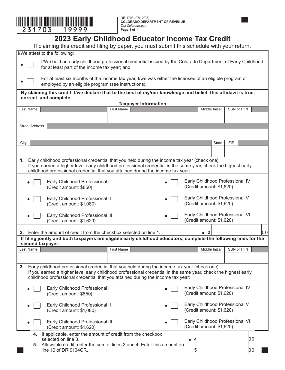 Form DR1703 Early Childhood Educator Income Tax Credit - Colorado, Page 2
