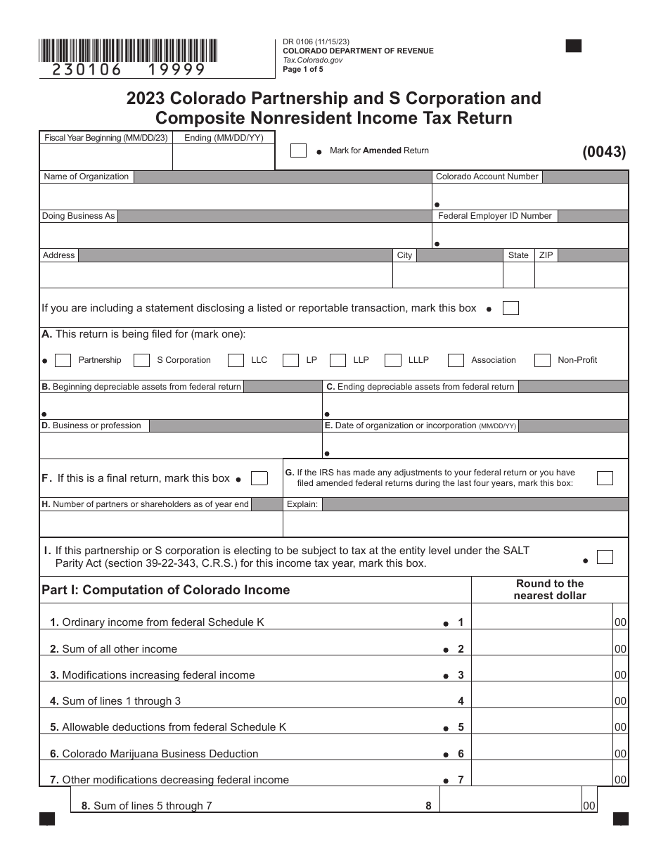 Form DR0106 Colorado Partnership and S Corporation and Composite Nonresident Income Tax Return - Colorado, Page 1