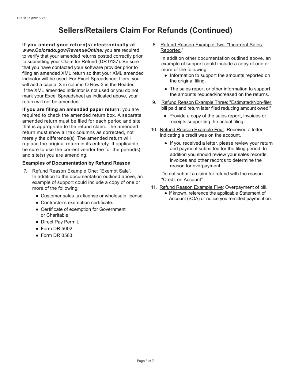 Form DR0137 Claim for Refund - Colorado, Page 3