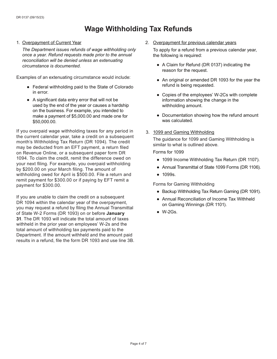 Form DR0137 Claim for Refund - Colorado, Page 4