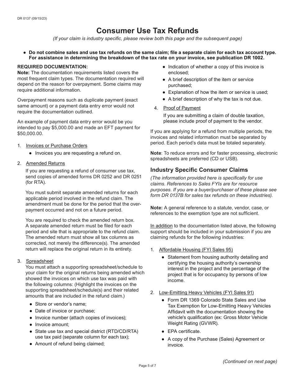Form DR0137 Claim for Refund - Colorado, Page 5