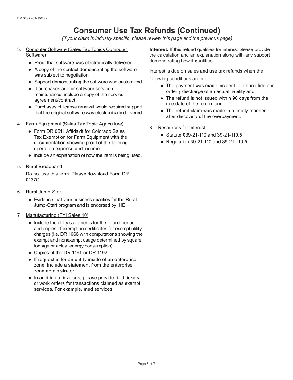 Form DR0137 Claim for Refund - Colorado, Page 6
