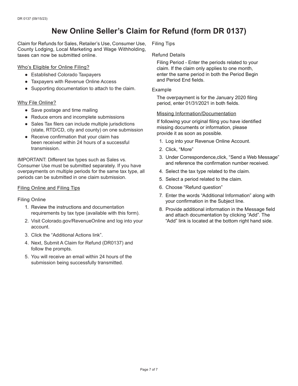 Form DR0137 Claim for Refund - Colorado, Page 7