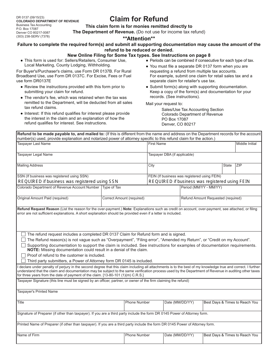 Form DR0137 Claim for Refund - Colorado, Page 8