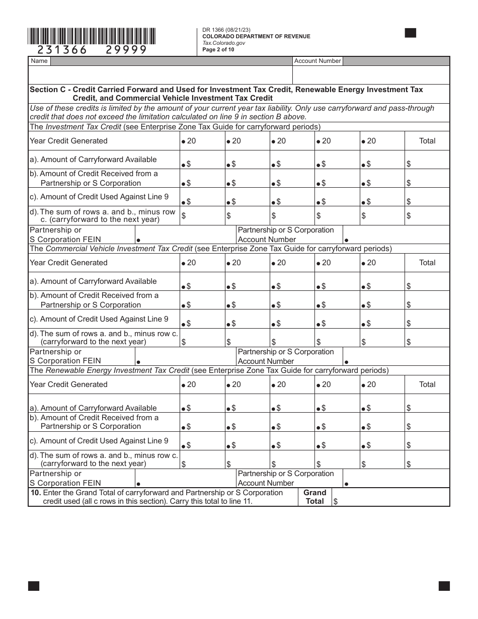 Form DR1366 Enterprise Zone Credit and Carryforward Schedule - Colorado, Page 3