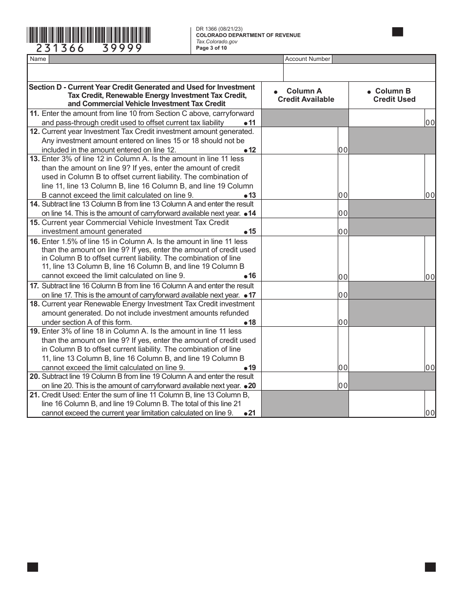 Form DR1366 Enterprise Zone Credit and Carryforward Schedule - Colorado, Page 4