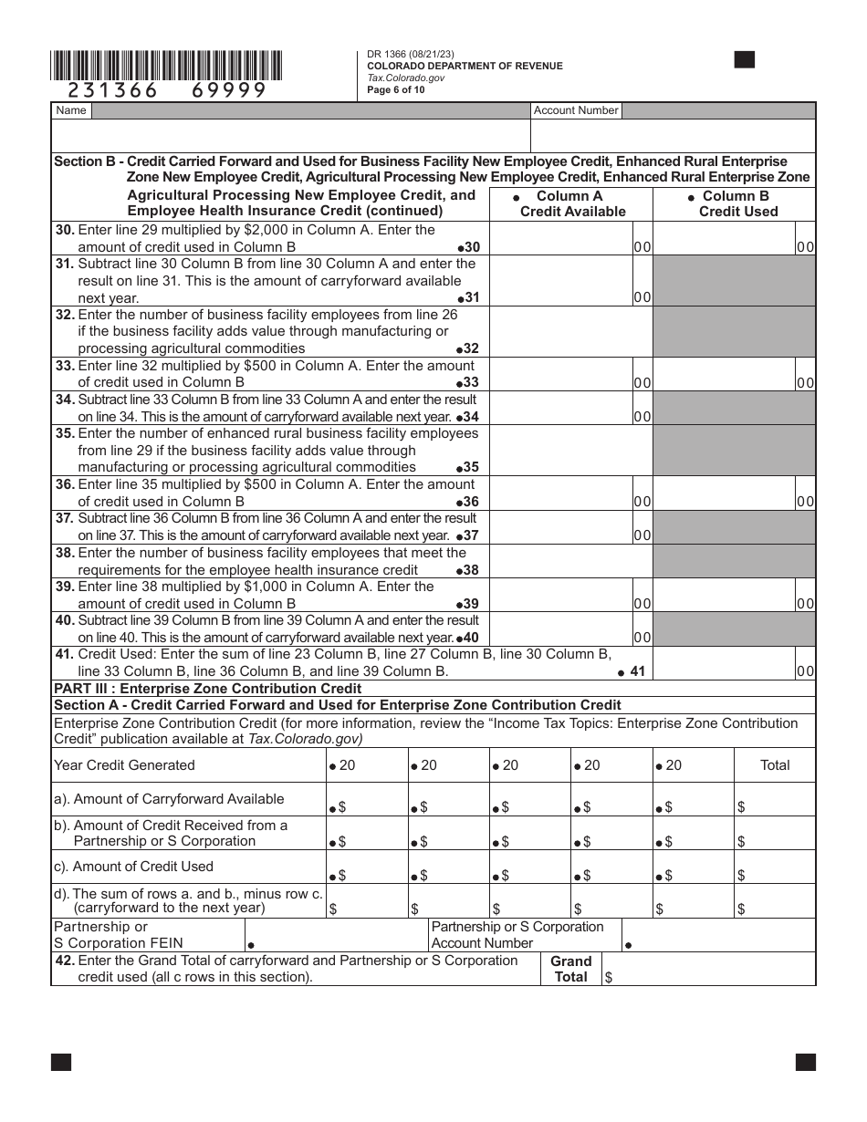 Form DR1366 Enterprise Zone Credit and Carryforward Schedule - Colorado, Page 7