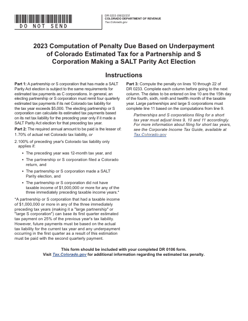 Form DR0233 Computation of Penalty Due Based on Underpayment of Colorado Estimated Tax for a Partnership and S Corporation Making a Salt Parity Act Election - Colorado, 2023