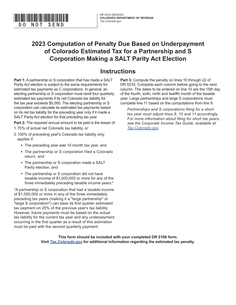 Form DR0233 Computation of Penalty Due Based on Underpayment of Colorado Estimated Tax for a Partnership and S Corporation Making a Salt Parity Act Election - Colorado, Page 1