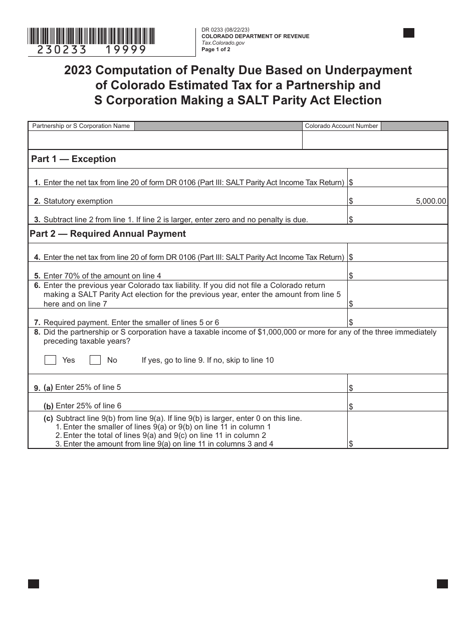 Form DR0233 Computation of Penalty Due Based on Underpayment of Colorado Estimated Tax for a Partnership and S Corporation Making a Salt Parity Act Election - Colorado, Page 2