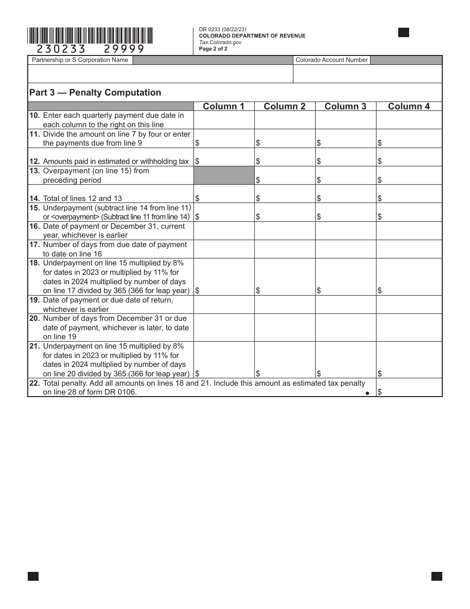 Form DR0233 Computation of Penalty Due Based on Underpayment of Colorado Estimated Tax for a Partnership and S Corporation Making a Salt Parity Act Election - Colorado, Page 3