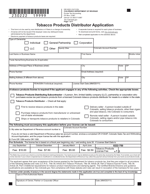 Form DR0222 Tobacco Products Distributor Application - Colorado