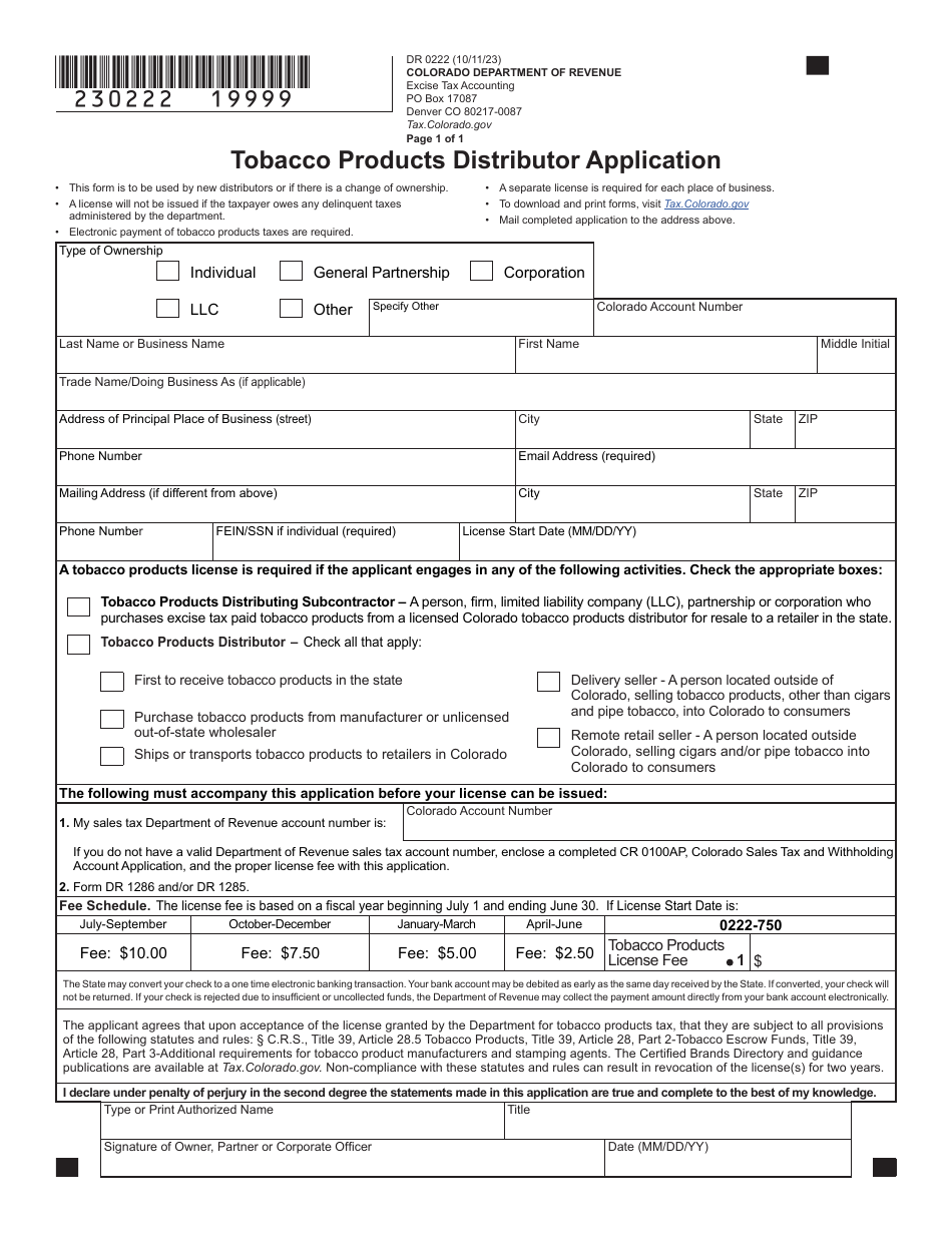 Form DR0222 Tobacco Products Distributor Application - Colorado, Page 1