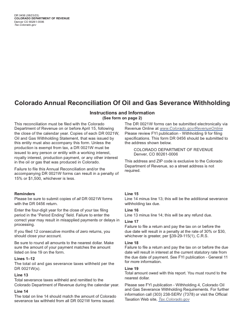Form DR0456 Colorado Annual Reconciliation of Oil and Gas Severance Withholding - Colorado