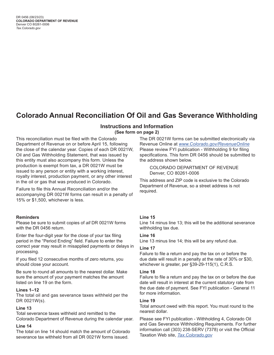 Form DR0456 Colorado Annual Reconciliation of Oil and Gas Severance Withholding - Colorado, Page 1