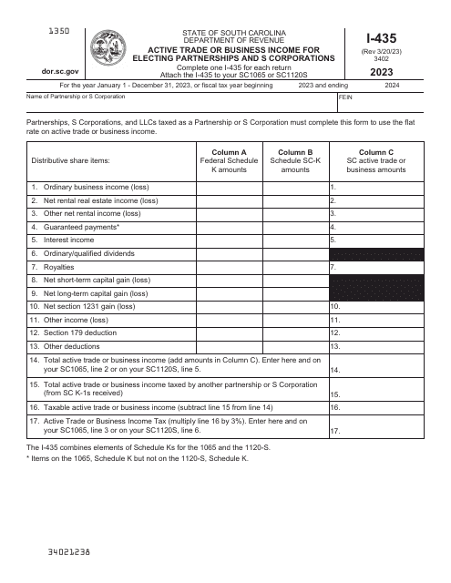 Form I-435 Active Trade or Business Income for Electing Partnerships and S Corporations - South Carolina, 2023