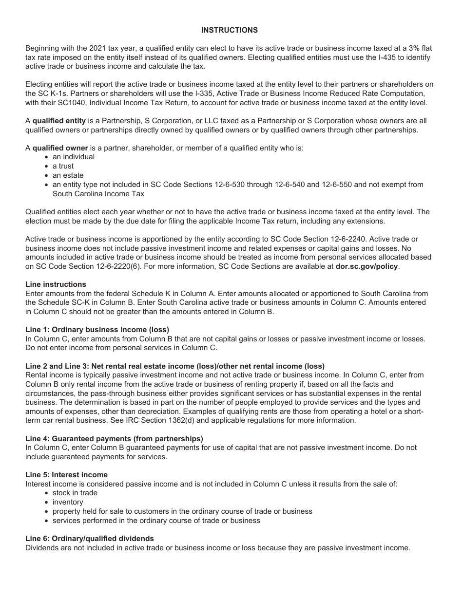 Form I-435 Active Trade or Business Income for Electing Partnerships and S Corporations - South Carolina, Page 2