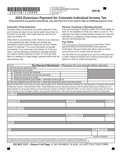 Form DR0158-I Extension Payment for Colorado Individual Income Tax - Colorado, 2023