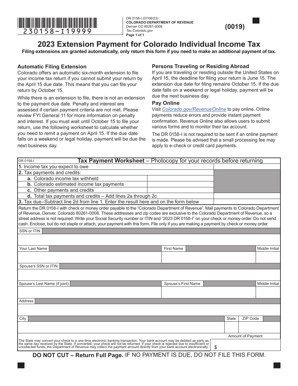 Form DR0158I Download Fillable PDF or Fill Online Extension Payment