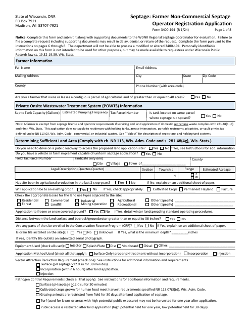 Form 3400-194 Septage: Farmer Non-commercial Septage Operator Registration Application - Wisconsin