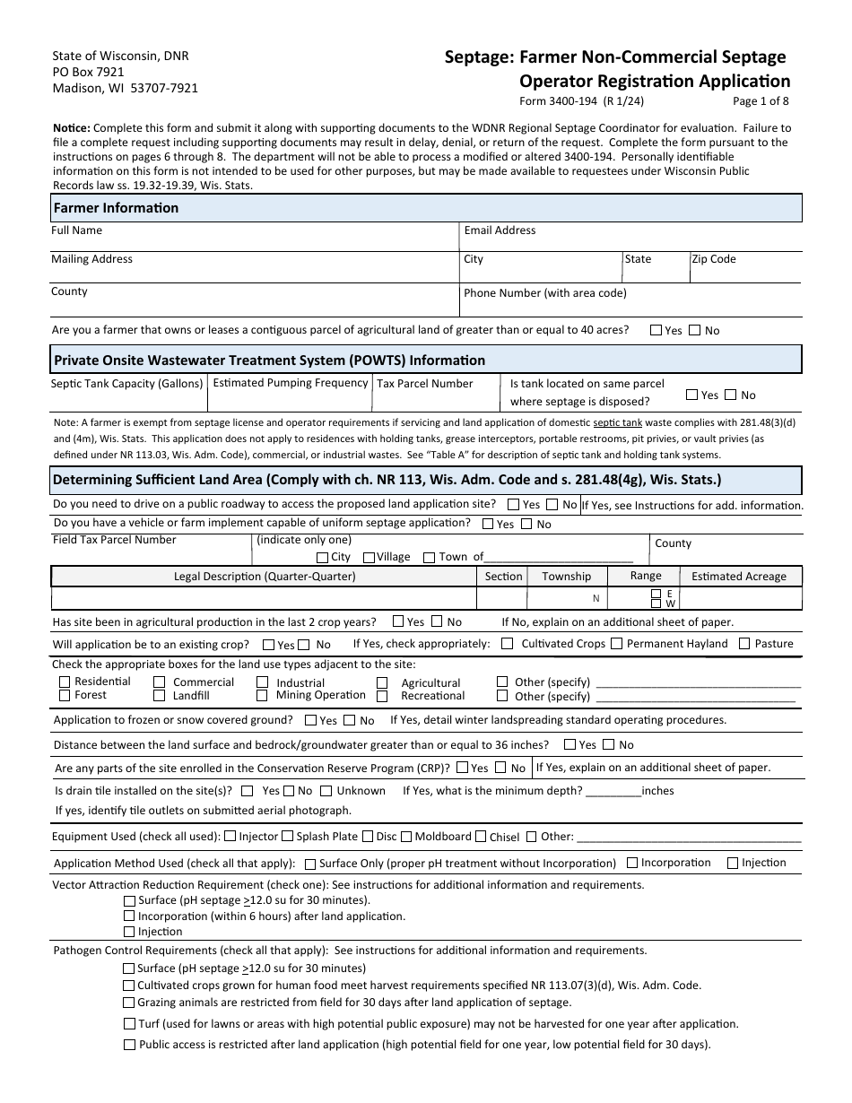 Form 3400-194 Septage: Farmer Non-commercial Septage Operator Registration Application - Wisconsin, Page 1