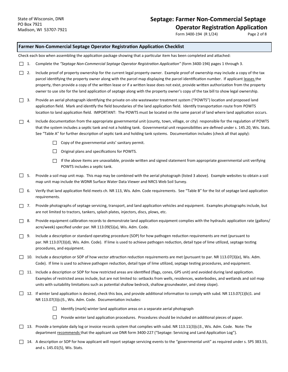 Form 3400-194 Septage: Farmer Non-commercial Septage Operator Registration Application - Wisconsin, Page 2