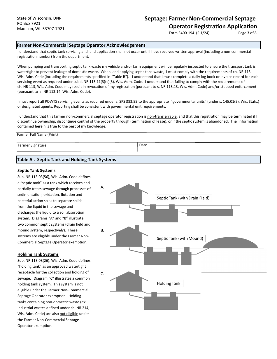 Form 3400-194 Septage: Farmer Non-commercial Septage Operator Registration Application - Wisconsin, Page 3
