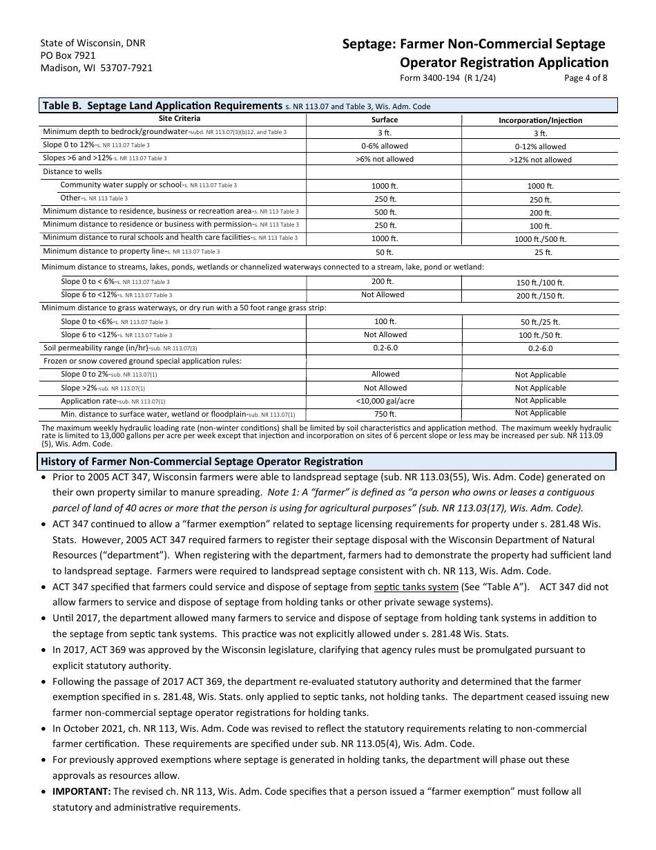 Form 3400-194 Septage: Farmer Non-commercial Septage Operator Registration Application - Wisconsin, Page 4