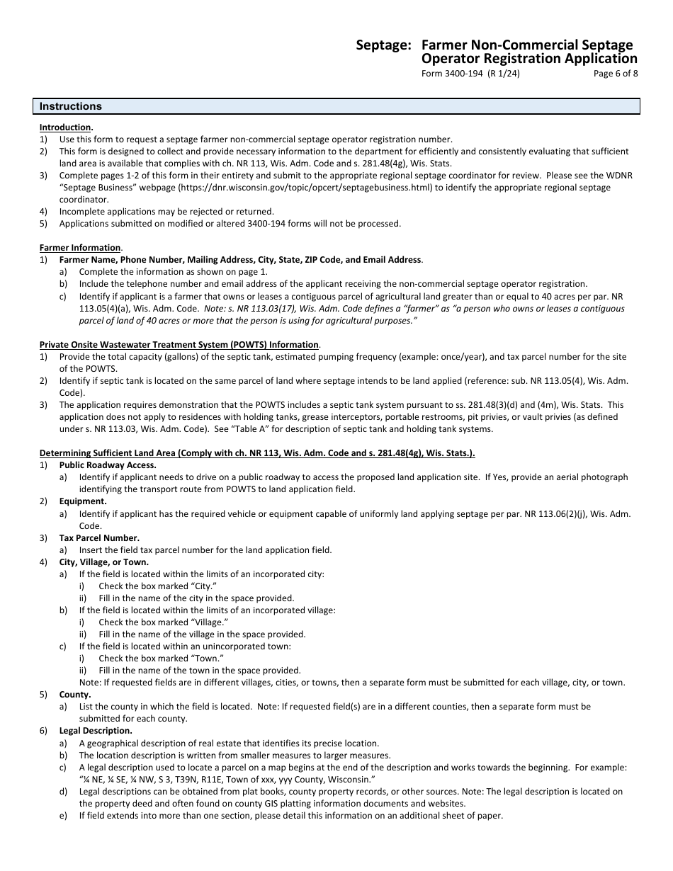 Form 3400-194 Septage: Farmer Non-commercial Septage Operator Registration Application - Wisconsin, Page 6