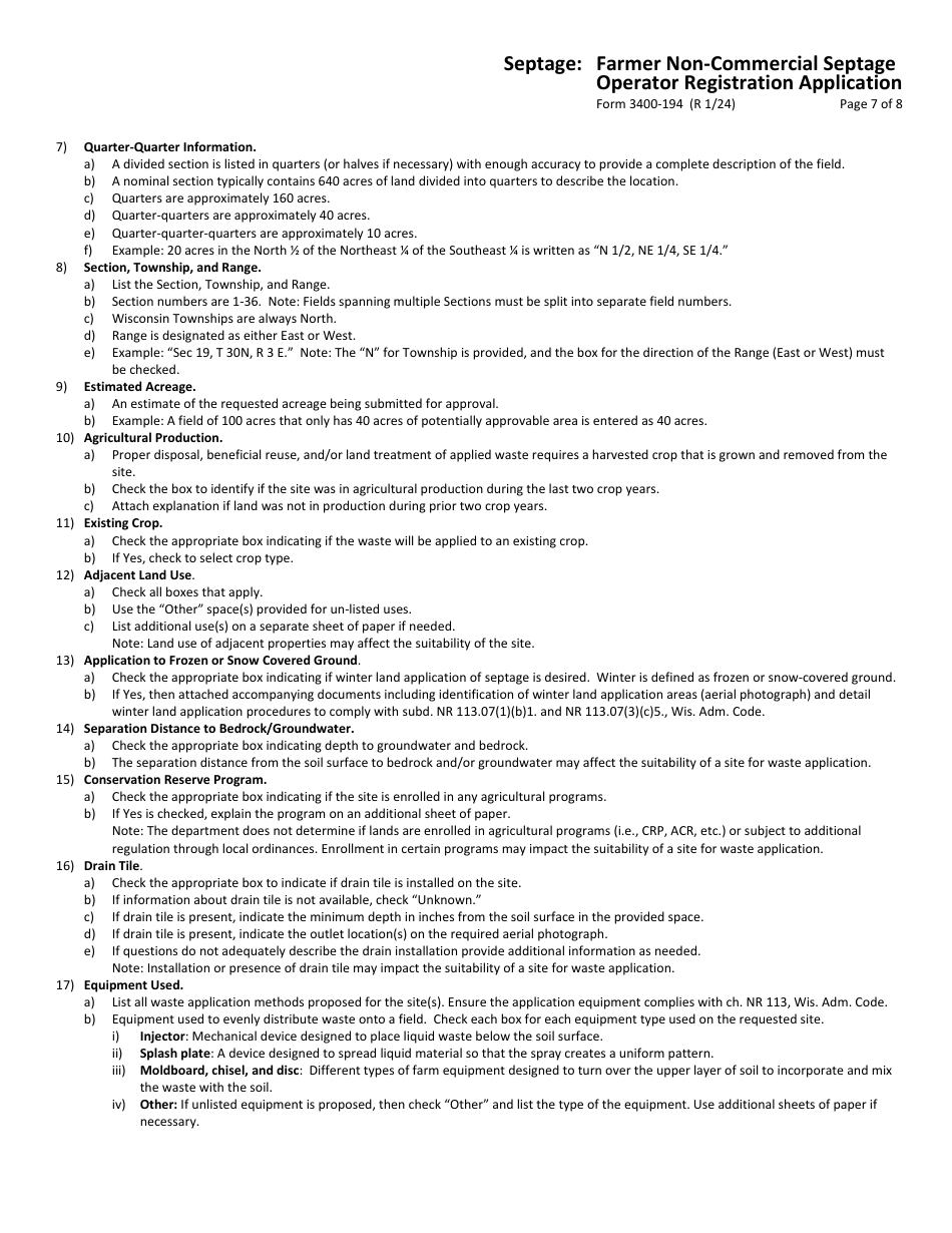 Form 3400-194 Septage: Farmer Non-commercial Septage Operator Registration Application - Wisconsin, Page 7