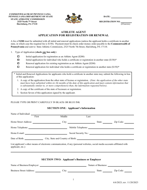 Athlete Agent Application for Registration or Renewal - Pennsylvania
