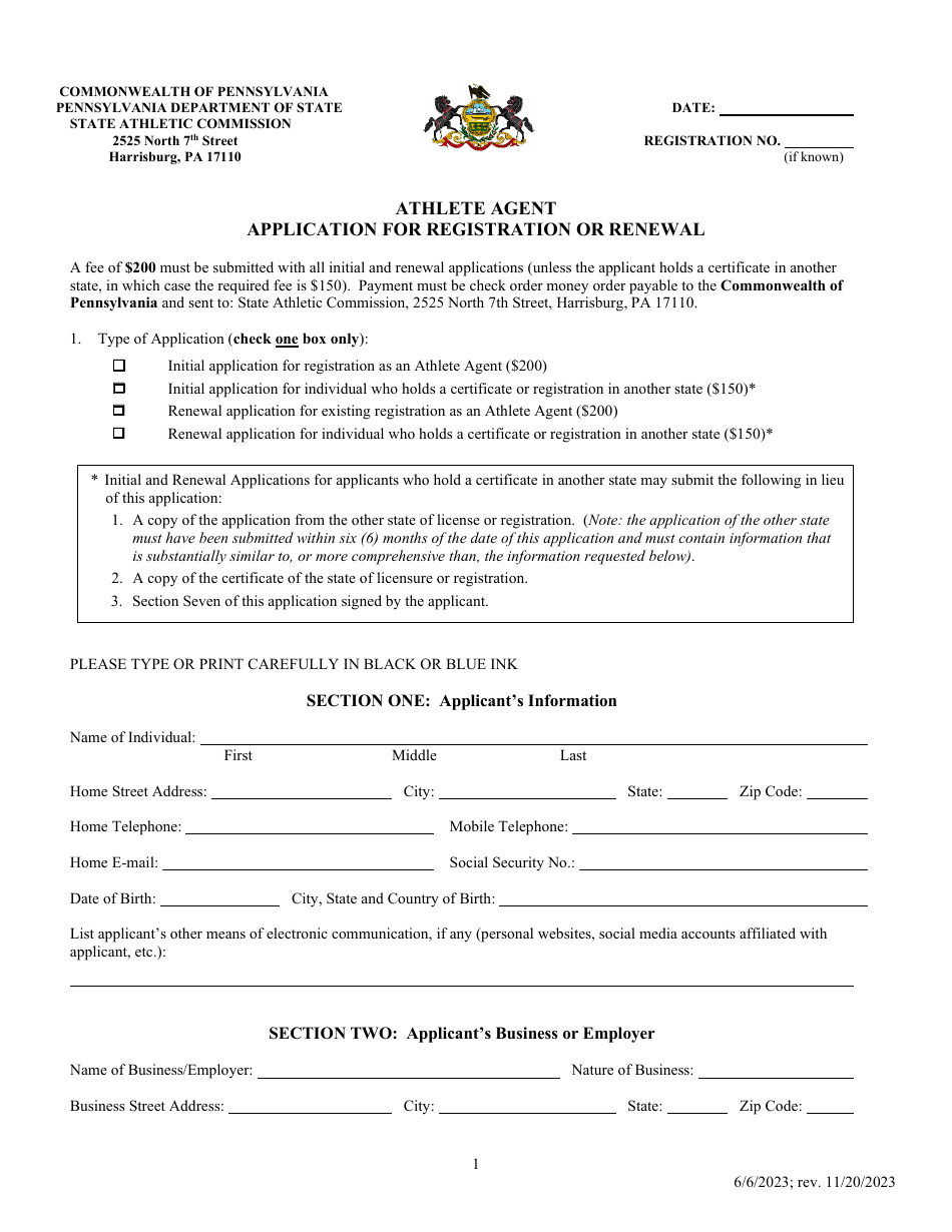 Pennsylvania Athlete Agent Application for Registration or Renewal ...