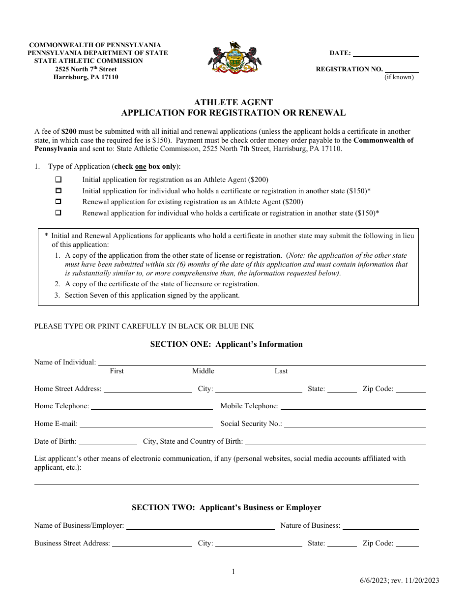 Athlete Agent Application for Registration or Renewal - Pennsylvania, Page 1