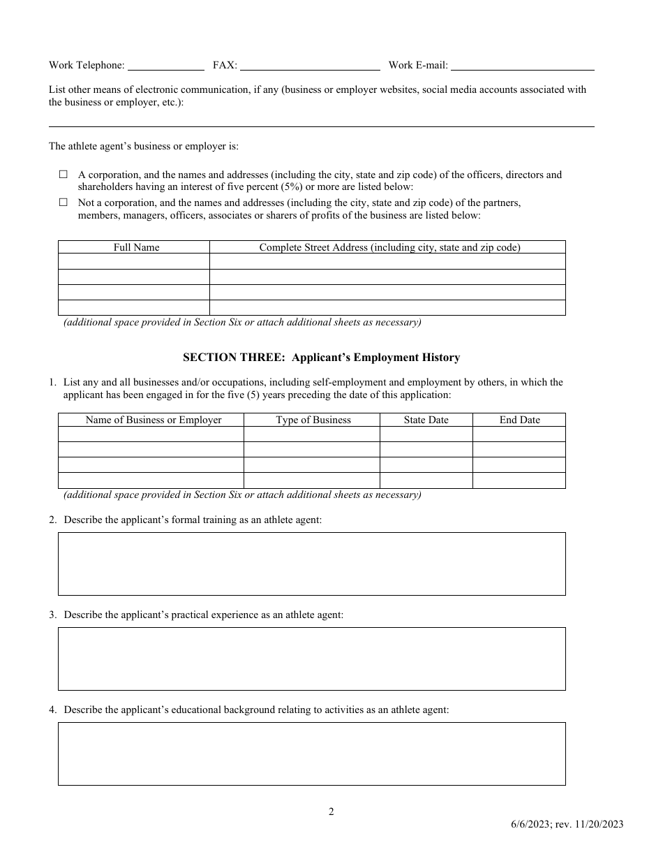 Athlete Agent Application for Registration or Renewal - Pennsylvania, Page 2