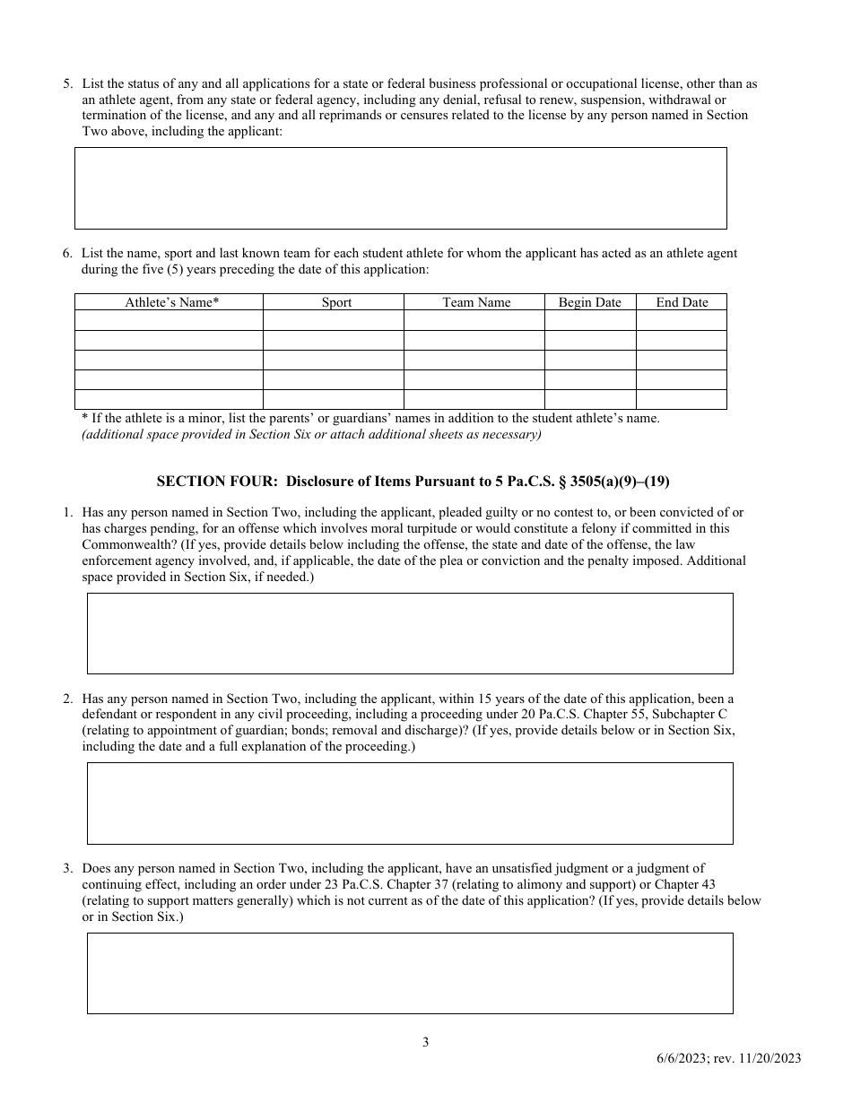 Athlete Agent Application for Registration or Renewal - Pennsylvania, Page 3