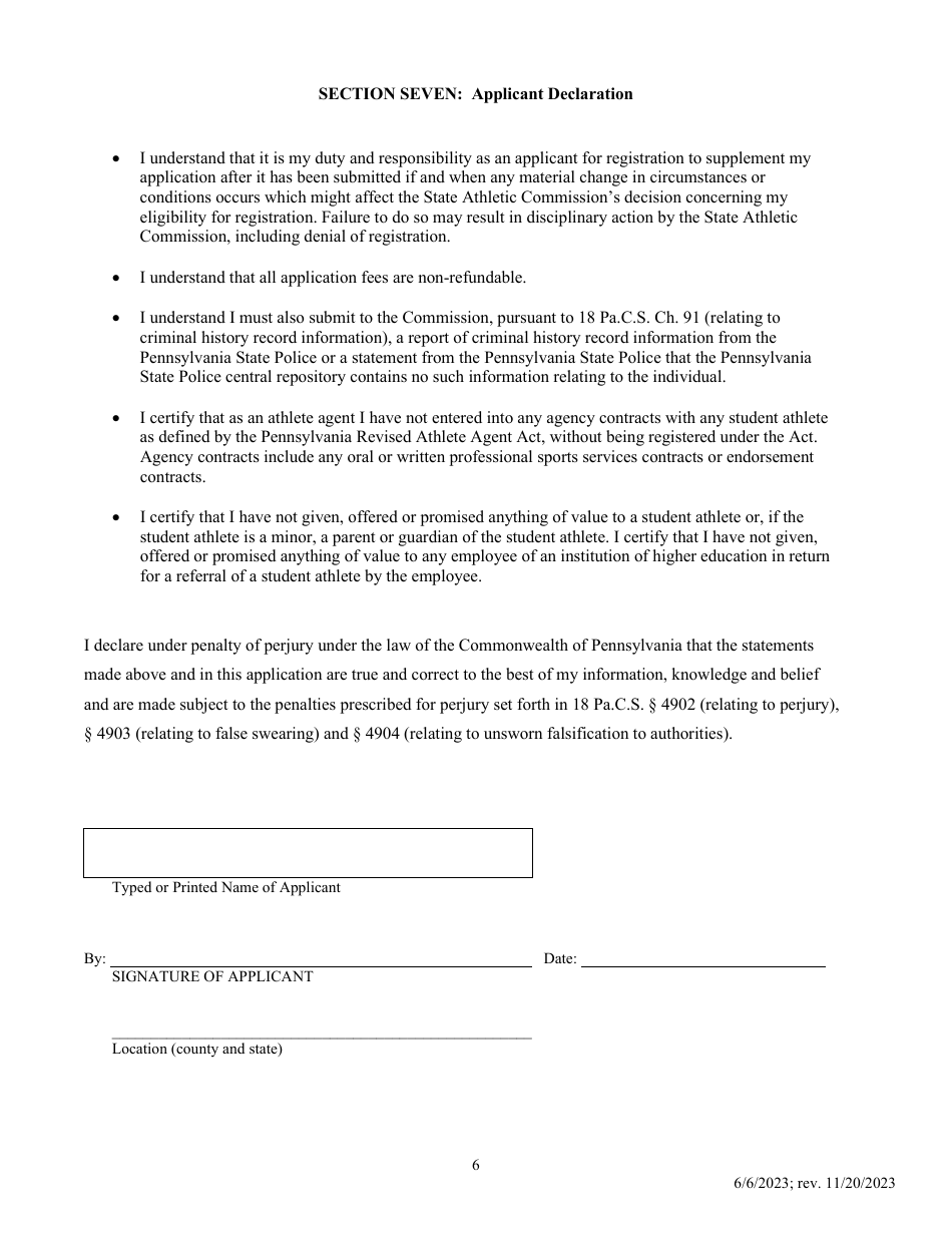 Athlete Agent Application for Registration or Renewal - Pennsylvania, Page 6