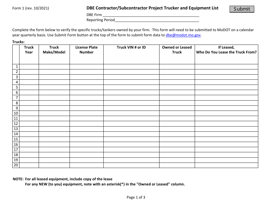 Form 1 Dbe Contractor / Subcontractor Project Trucker and Equipment List - Missouri, Page 1