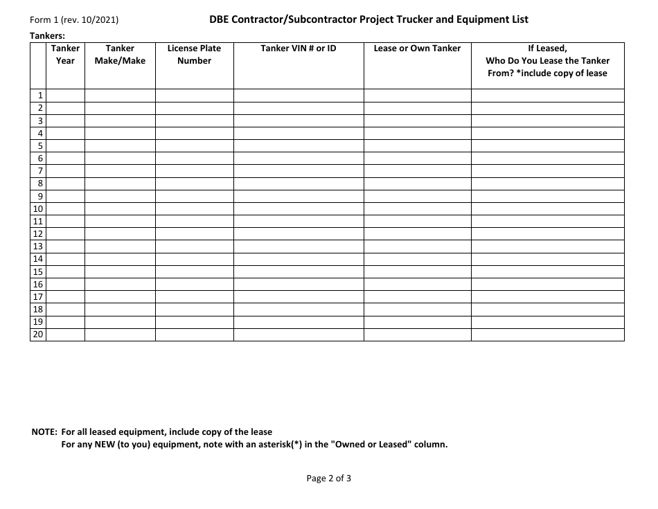 Form 1 Dbe Contractor / Subcontractor Project Trucker and Equipment List - Missouri, Page 2