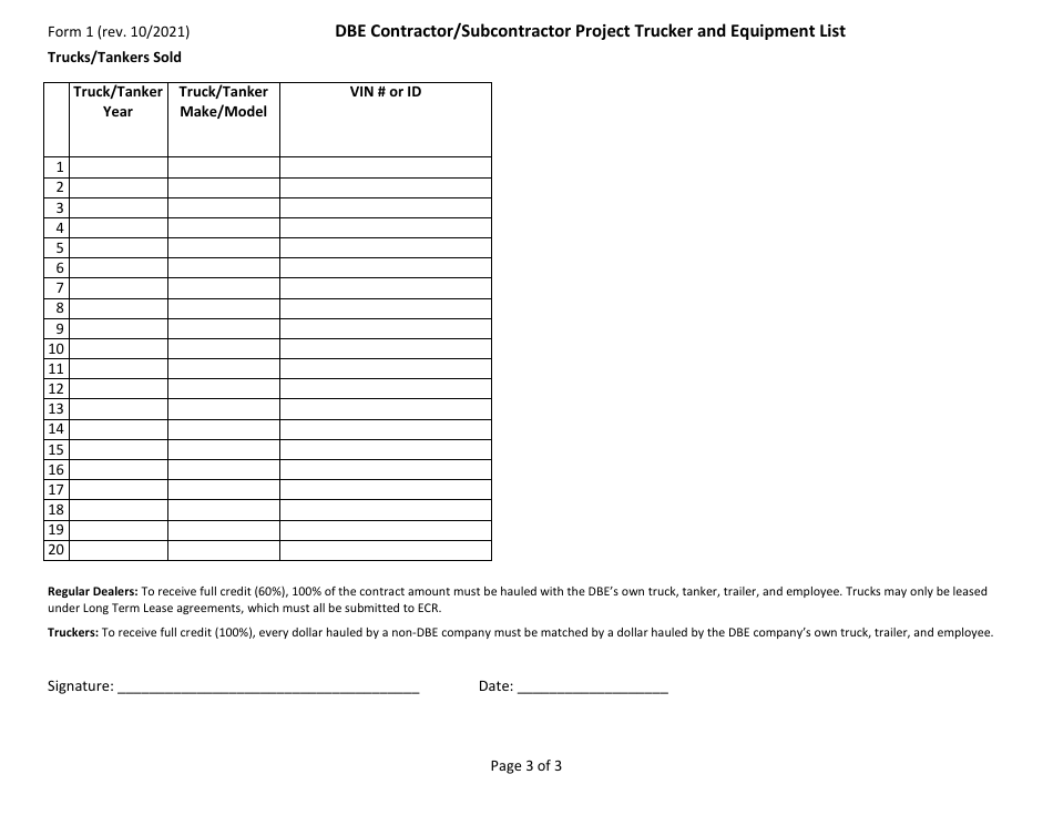 Form 1 Dbe Contractor / Subcontractor Project Trucker and Equipment List - Missouri, Page 3