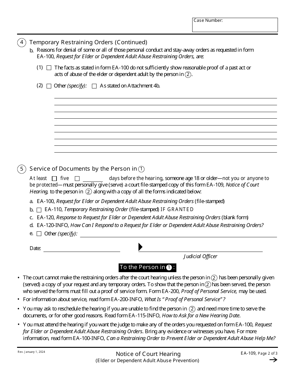 Form EA-109 Notice of Court Hearing - California, Page 2