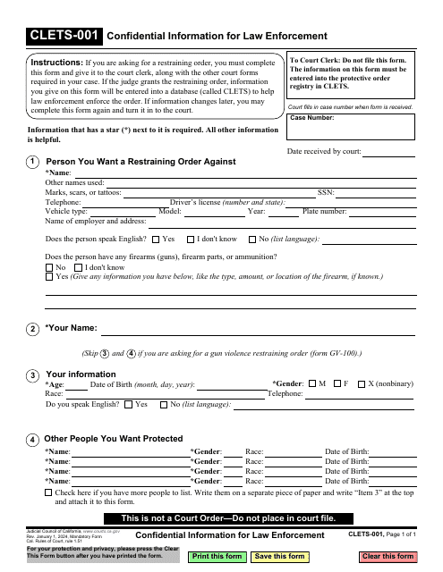 Form CLETS-001 Confidential Information for Law Enforcement - California