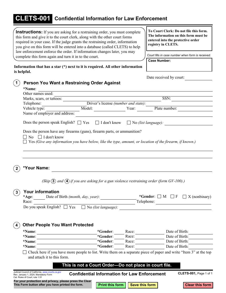 Form CLETS-001 Confidential Information for Law Enforcement - California, Page 1