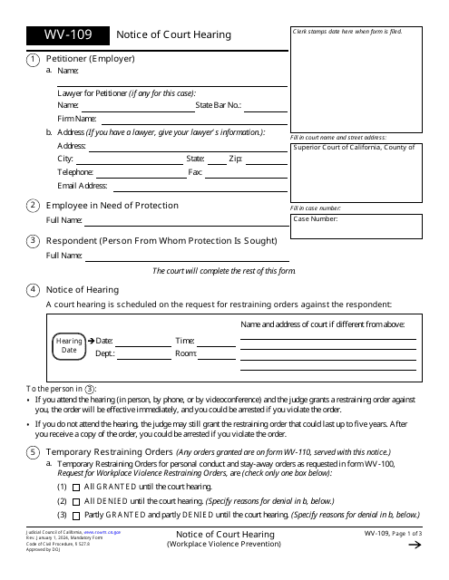 Form WV-109 Notice of Court Hearing - California