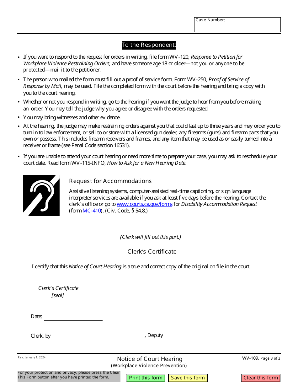 Form WV-109 Notice of Court Hearing - California, Page 3