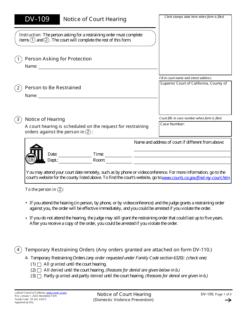Form DV-109 Notice of Court Hearing - California, Page 1