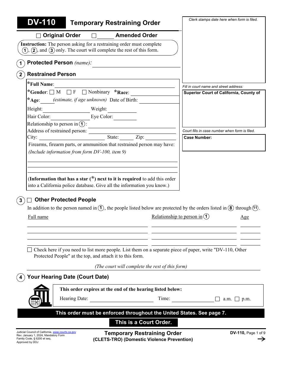 Form DV-110 Temporary Restraining Order - California, Page 1