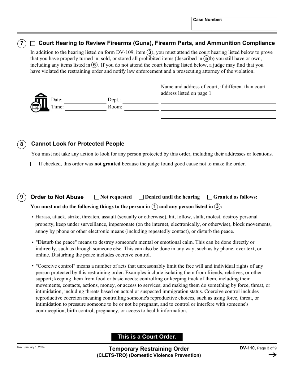 Form DV-110 Temporary Restraining Order - California, Page 3