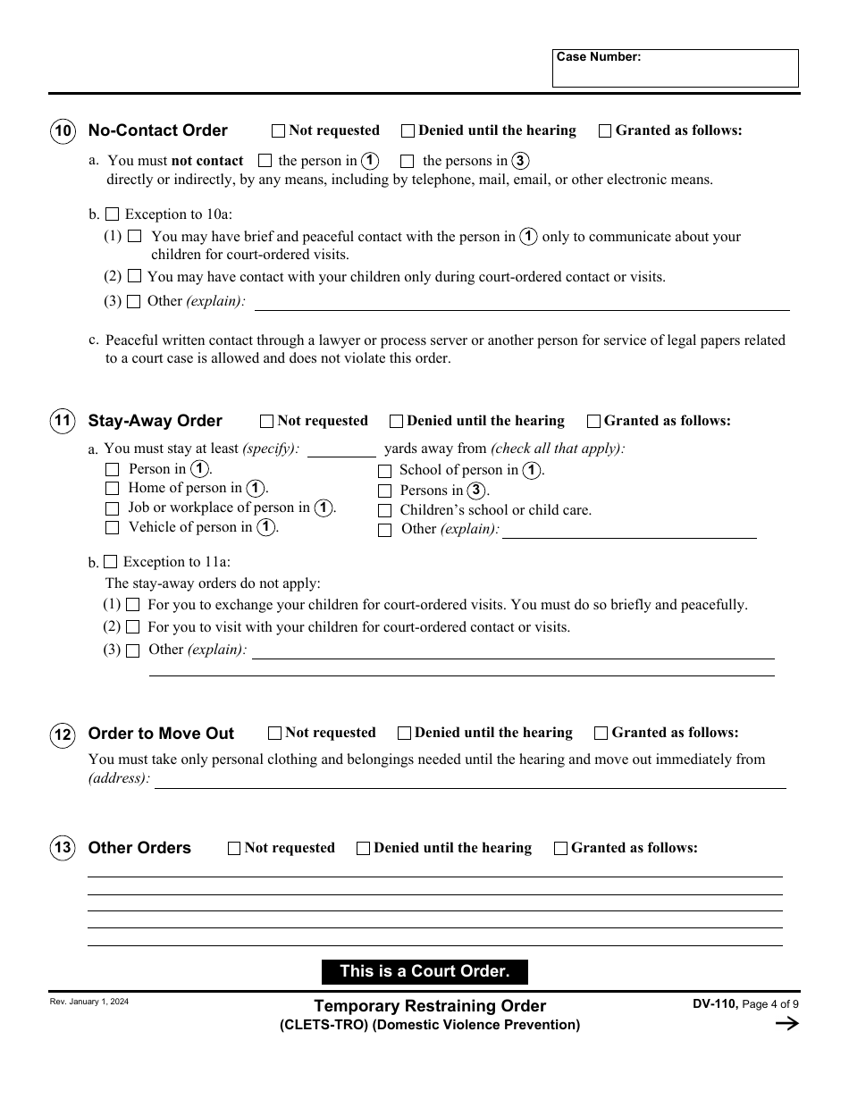 Form DV-110 Temporary Restraining Order - California, Page 4