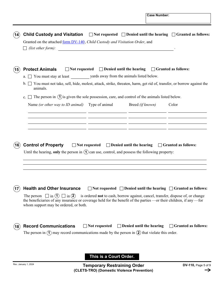 Form DV-110 Temporary Restraining Order - California, Page 5